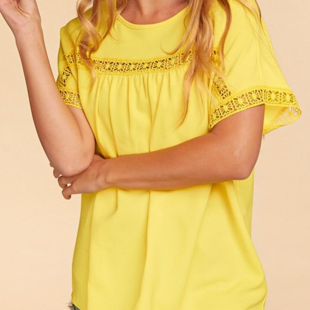 Yellow Crepe Crochet Yoke Dolman Sleeve Top